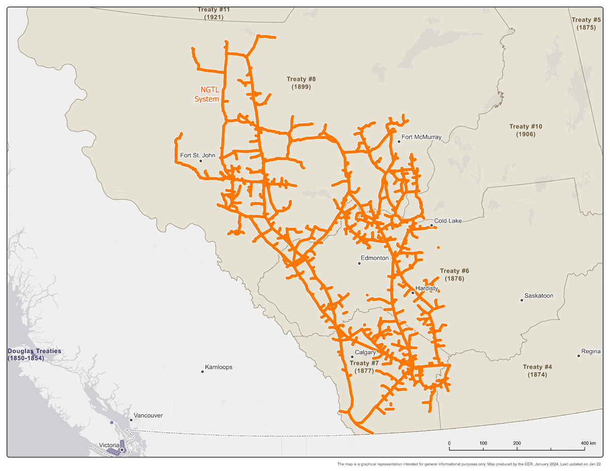 The NGTL System map displays the NGTL System connected pipelines and areas of natural gas production. NGTL is a large natural gas gathering and transportation system with receipt and delivery locations located across the province of Alberta, as well as northeastern British Columbia.