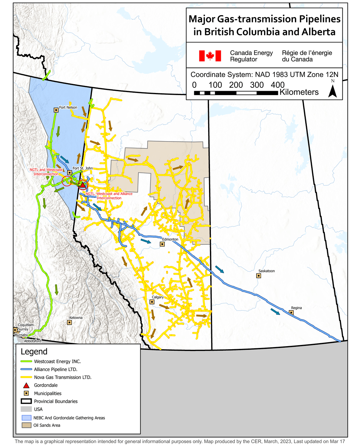 This map shows three natural gas pipelines: NGTL, Alliance, and Westcoast. It also shows Gordondale, Northeast BC and Gordondale gathering areas, and an oil sands area.